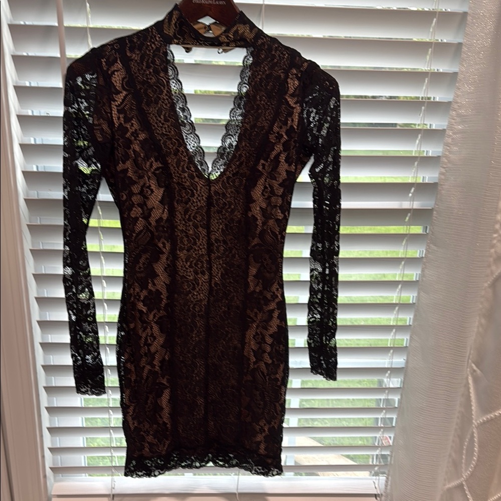 bebe Black and Brown Lace Long Sleeve Dress